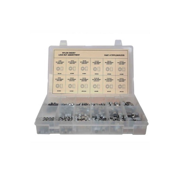 335 Piece Finished Nylon Lock Nut Assortment - No 4 to 5/8" - Grade 2 - Steel - Zinc